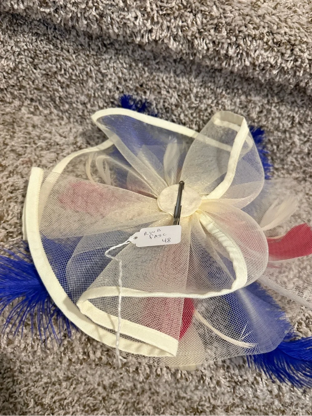 White Fascinator Headpiece with Red & Blue Feather Accents